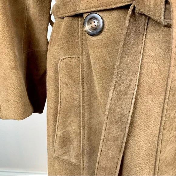 70s Suede Belted Trench Coat Double Breasted Brown Womens Medium